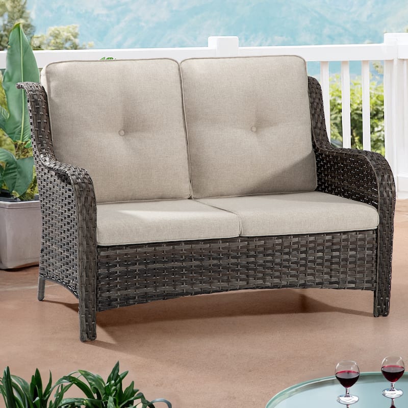 Cozywor Brown Wicker Outdoor Patio Loveseat with Cushions
