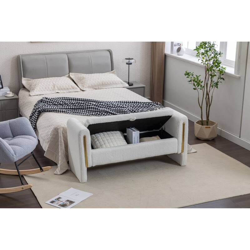 53" Modern Storage Bench with 300lb Seating, Velvet Upholstered Bed Bench with Wood Legs Safety Hinge