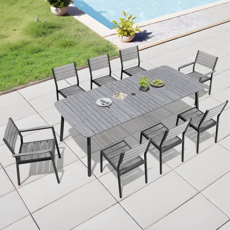 Outdoor 7/9-Piece Patio Dining Set Rectangular Dining Table with Stackable Chairs - Grey - Set of 9 - 92.9 inches