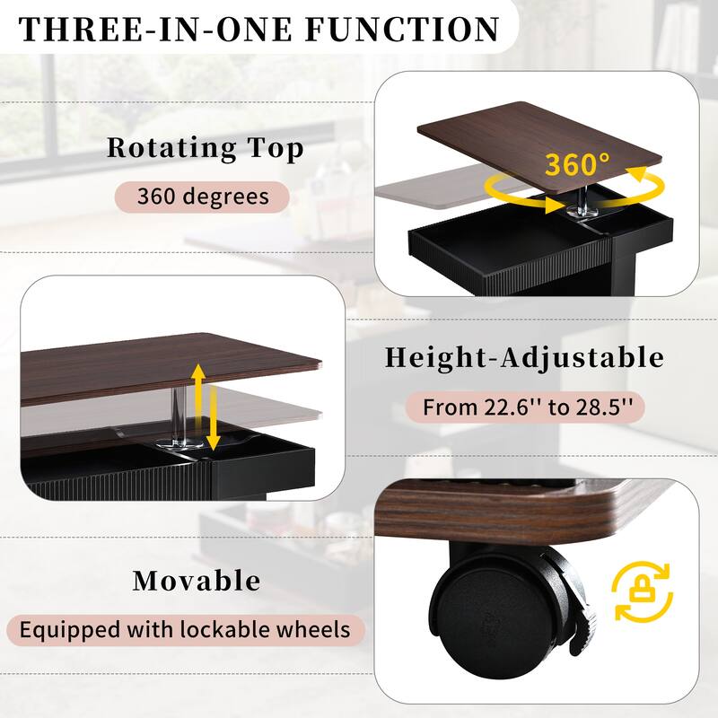 Lift-Top End Table with Rotating Top, Mobile Side Table Coffee Table with Storage, Sofa Table with Adjustable Height