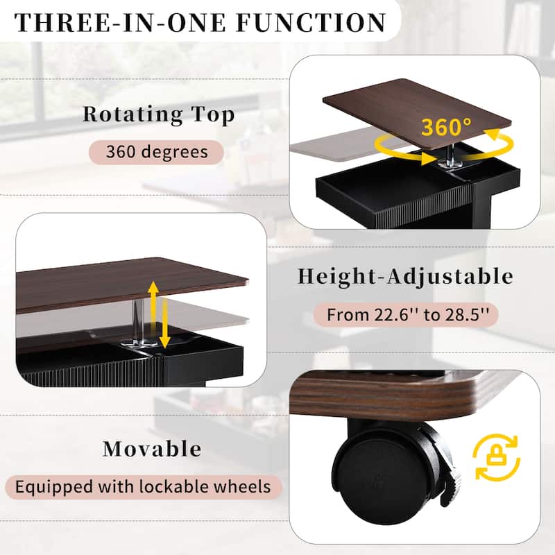 Multifunctional Sofa Side Table with Lift-Top and Wheels - Black+Brown