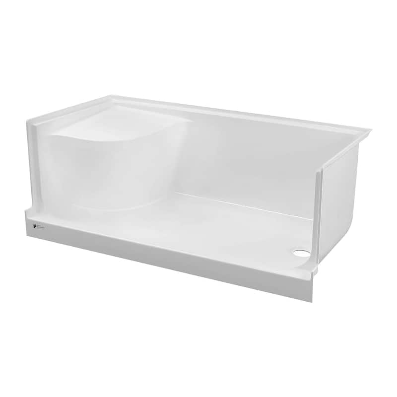 Fine Fixtures Single Threshold Acrylic Non-Slip Shower Base With Seat - 60 x 32 - Right Hand Drain