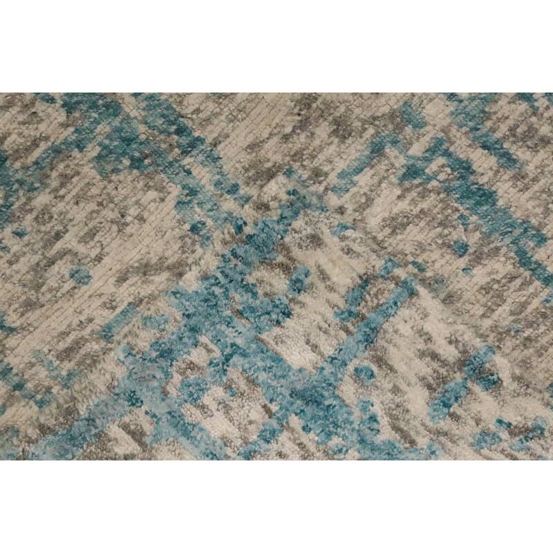 Hand Knotted Oriental Wool & Silk Carpet Modern Abstract Navy Blue & Blues Nepalese Area Rug - 10' 2'' X 6' 3''