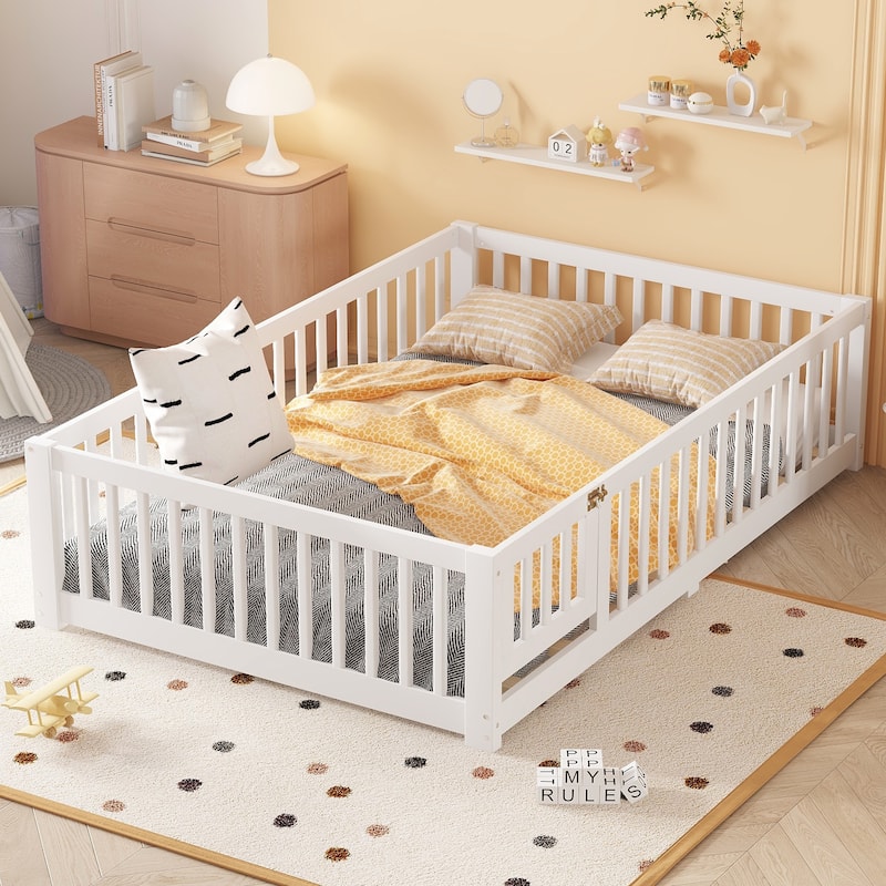 Montessori Toddler Floor Bed with Fence and Switchable Door, Low Profile Bed Frame with Removable Slats, Safe Transition Bed - White - Full