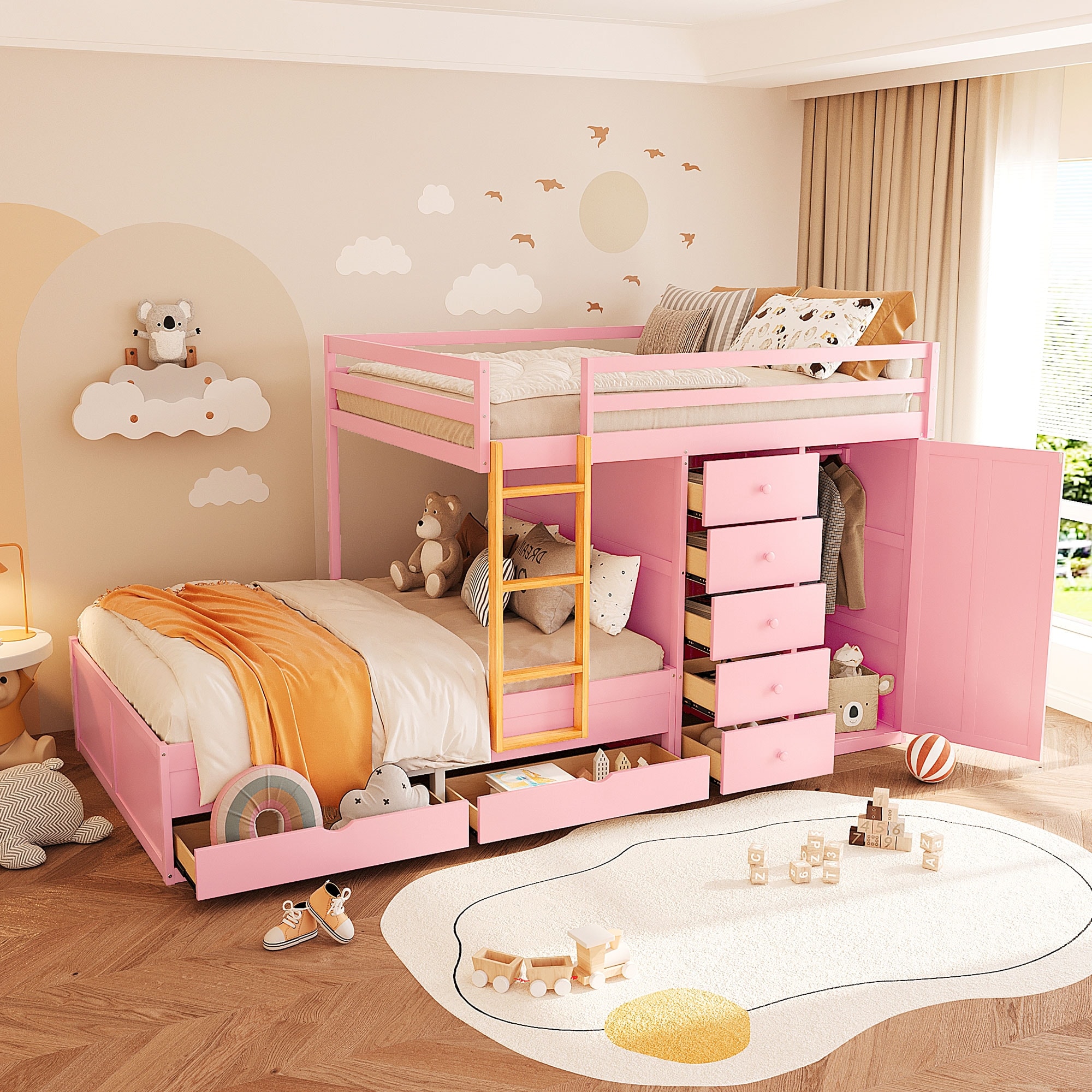 Full Size Bunk Bed – 2 Large & 5 Small Drawers, MDF & Solid Wood, Modern Storage with Wardrobe.