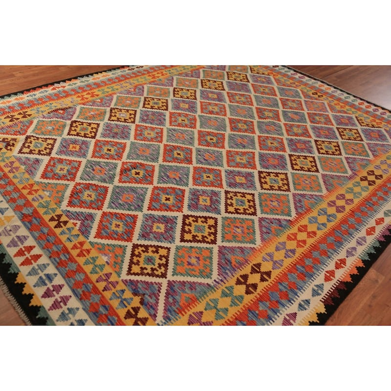 Colorful Trellis Kilim Oriental Rug Flatweave Geometric Wool Carpet - 8'5"x 10'3"