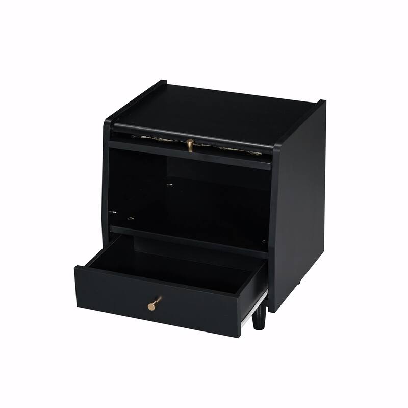 Wooden Nightstand with Rattan Storage Cabinet and 1 Drawer