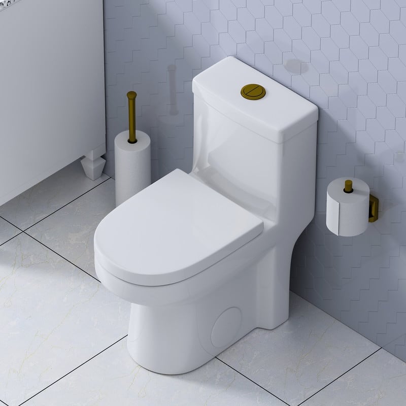 HOROW 1-Piece 0.8/1.28 GPF High Efficiency Dual Flush Toilet in White with Soft-Close Seat and Brushed Gold Push Button