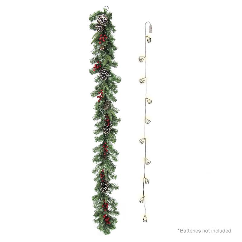 6ft Artificial Mixed Frosted Berry Pine Cone & Pine Christmas Garland with Geometric Pyramid String Light Set