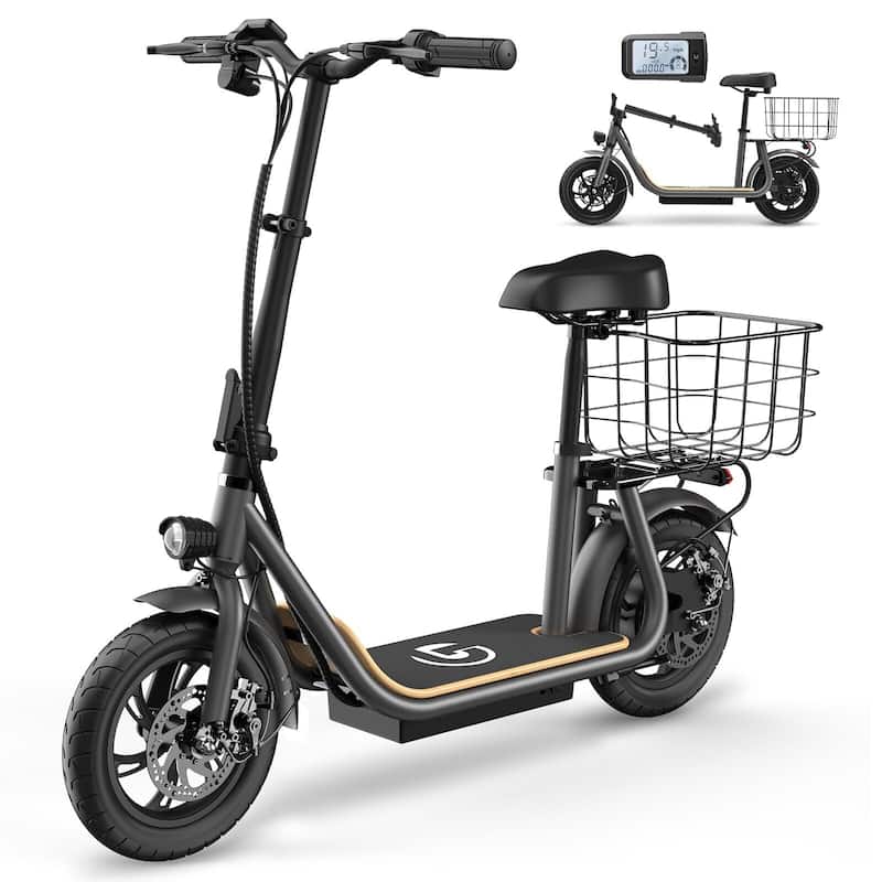 Electric Scooter with Seat for Adult, 12" Tire Electric, Foldable, Max Speed 19 Mph with 30 Miles Range - Black
