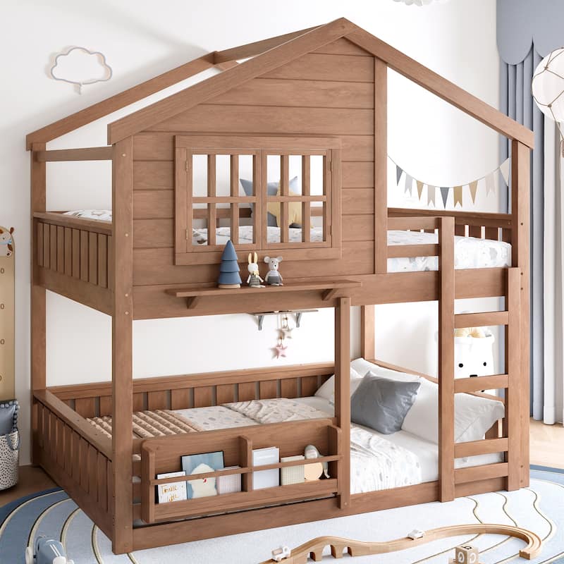 Fairytale House Bunk Bed Kids Loft Bed Frame with Bookshelf and Shelf