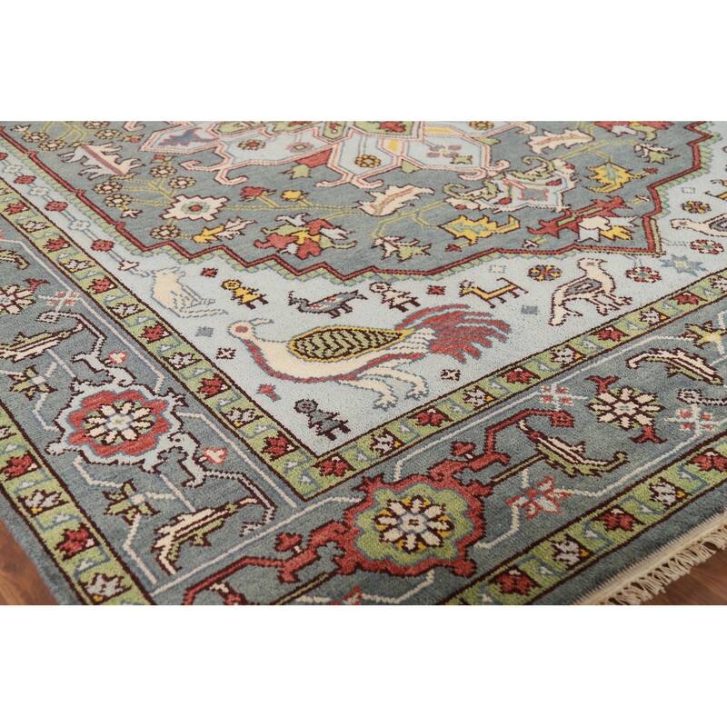 Animals Design Heriz Serapi Indian Area Rug Hand-Knotted Wool Carpet - 7'11" x 9'11"