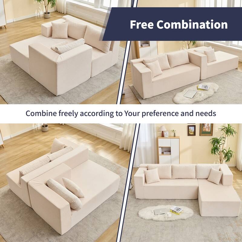 Mixoy W106'' Modern 2-Piece Free Combination Corduroy Upholstered L-Shaped Modular Sectional Sofa with Right Chaise and Pillow
