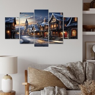 Designart "European Winter City By Night" Winter Landscape Set Of 5 ...