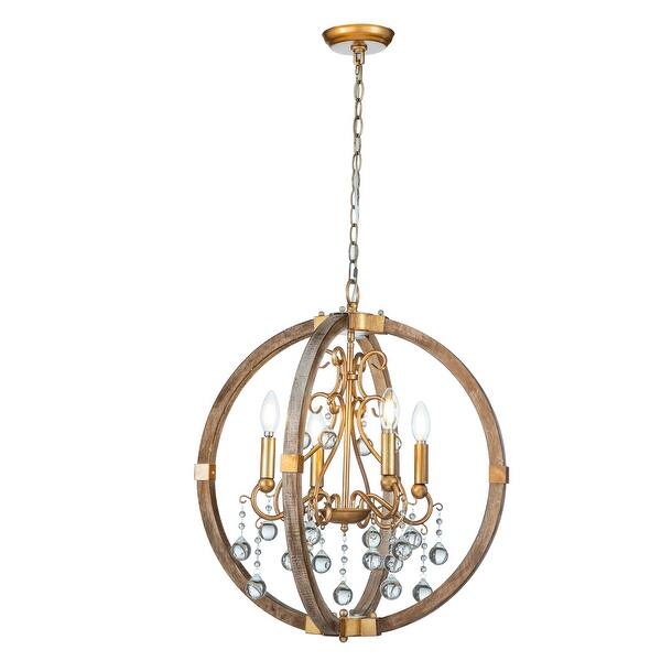 slide 11 of 14, 4 Light Farmhouse Wood Globe Chandelier Candle Style Pendant Light - W:22" Antique Gold Leaf