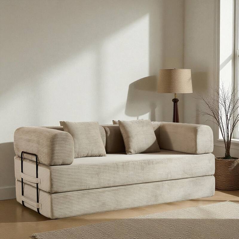 Convertible Corduroy Sleeper Sofa Bed, 4-in-1 Folding Mattress Couch with Cylindrical Pillow & Fixed-Shape Frame, No-Assembly