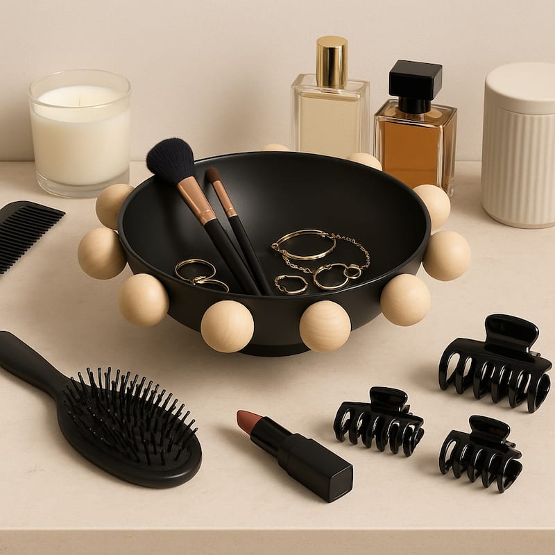 Wood and Metal Decorative Bowl with Fir Sphere Accents - 13" - 13.0"