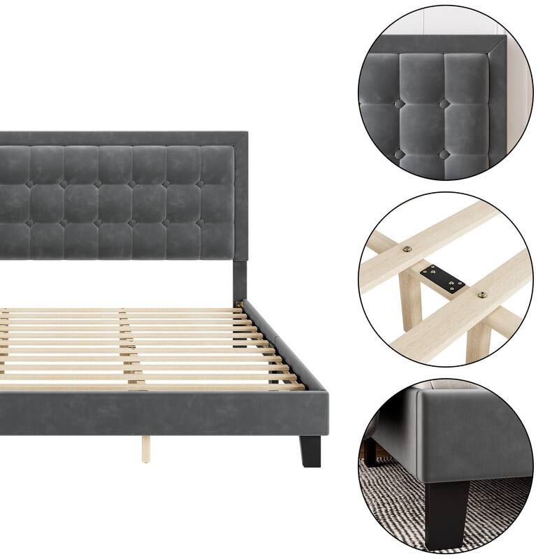 Modern Upholstered Platform Bed with Button Tufted Headboard