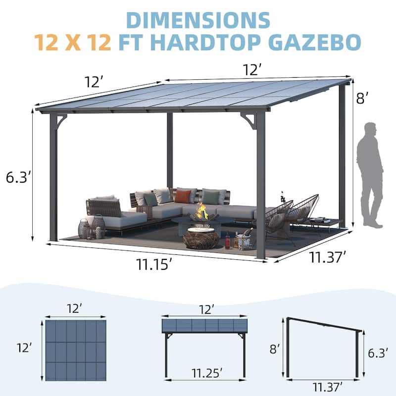12x12ft Lean to Gazebo Hardtop Wall Mounted Gazebo