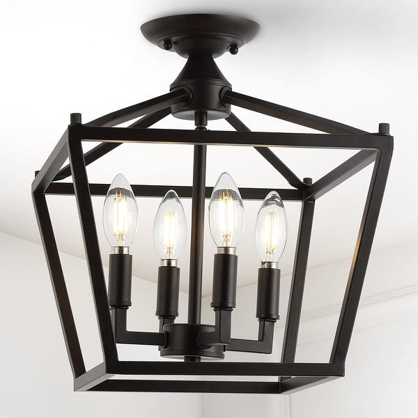 slide 2 of 23, Milton Mini Lantern 4-Light Iron Modern Farmhouse LED Flush Mount, by JONATHAN Y Oil Rubbed Bronze