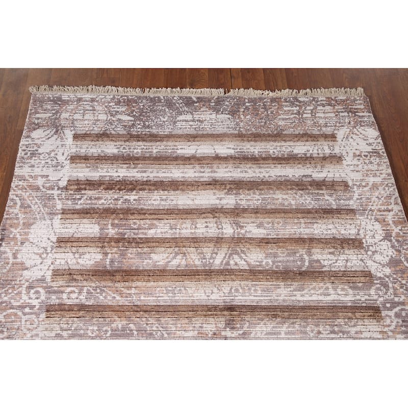 Striped Abstract Accent Rug Handmade Wool Carpet - 4'0"x 5'10"