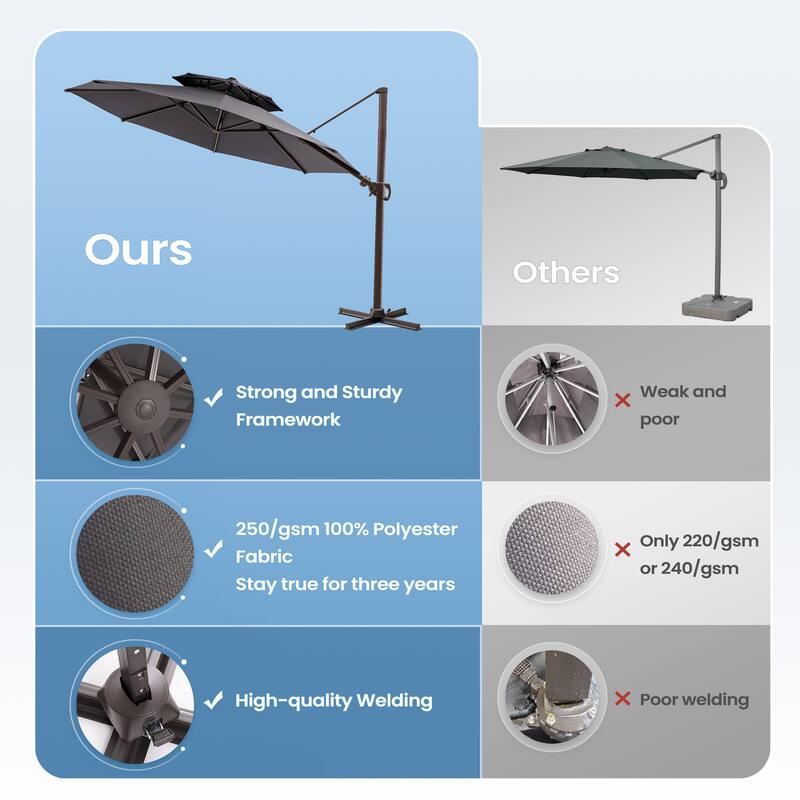 11 ft Outdoor Aluminum Dual Top Solar Powered LED Lighted Patio Cantilever Umbrella and Weighted Base