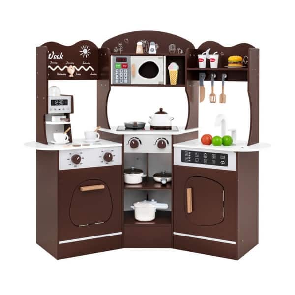 slide 2 of 7, Corner Wooden Play Kitchen with Slide and Coffee Machine for Kids - 41" x 12" x 37" Kitchens