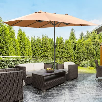 Outsunny Patio Umbrella 15' Steel Rectangular Outdoor Double Sided Market with base, UV Sun Protection & Easy Crank