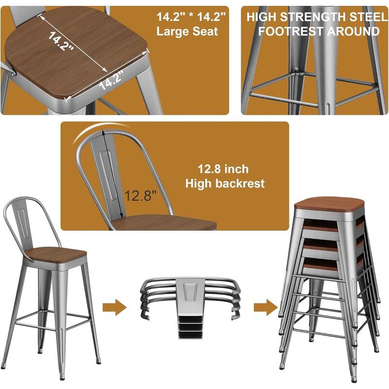 Counter Stools with Metal Frame Counter Height Bar stools with High Back 24" Kitchen Bar Furniture Stools with Wooden Seat