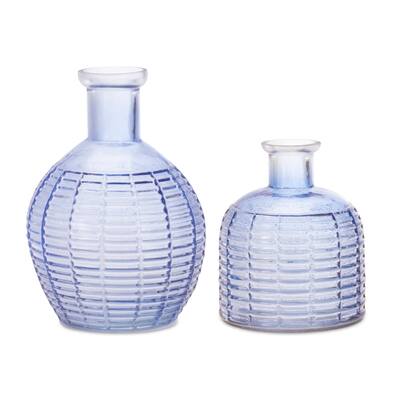 Blue Ribbed Glass Bottle Vase (Set of 2)