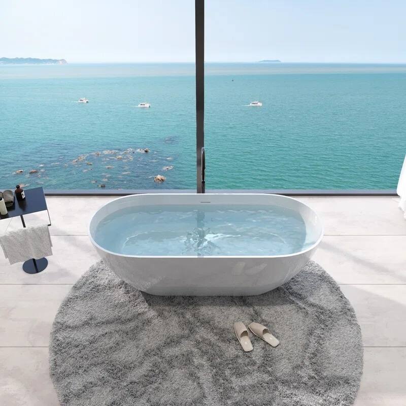 ABRUZZO Glossy White Freestanding Solid Surface Bathtub with Overflow and Pop-up Drain