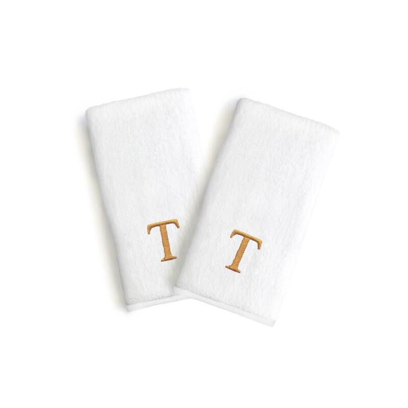 Authentic Hotel and Spa 2-piece White Turkish Cotton Hand Towels with Gold Block Monogrammed Initial - White/T