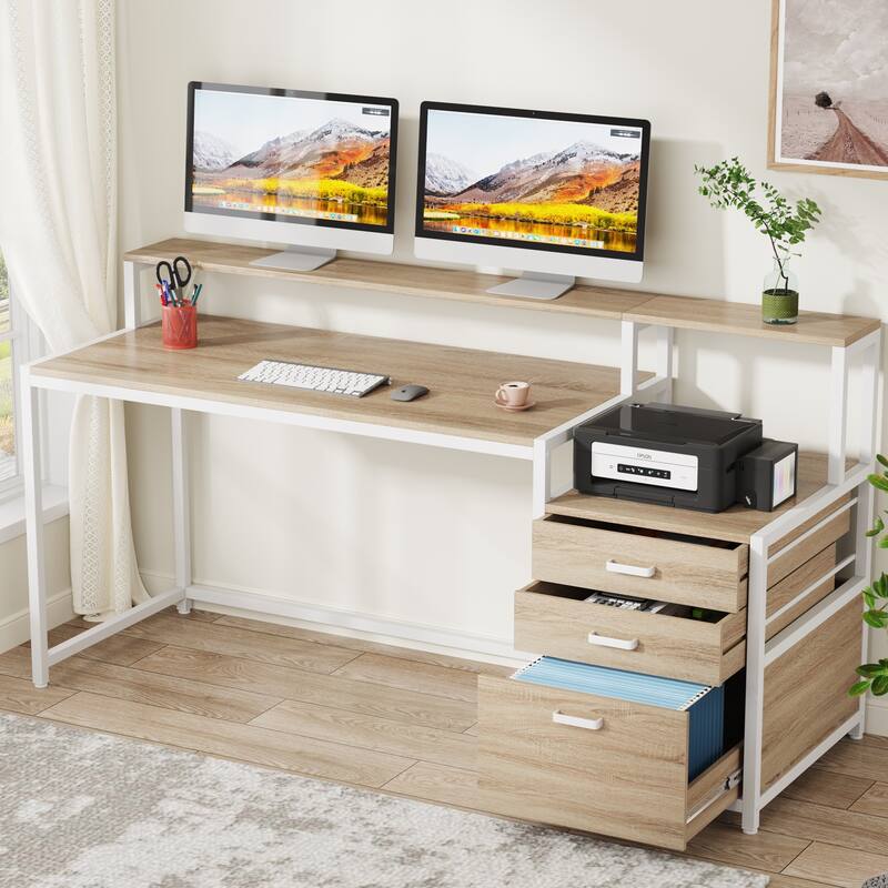 63" Computer Desk with Monitor Stand, Ergonomic Home Office Desks with Drawers File Cabinet