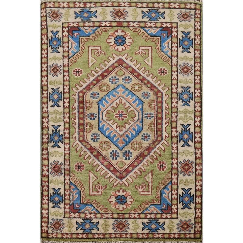 Hand Knotted Oriental 100% Wool Carpet Traditional Geometric Green Kazak Area Rug - 3' 1'' X 2' 0''