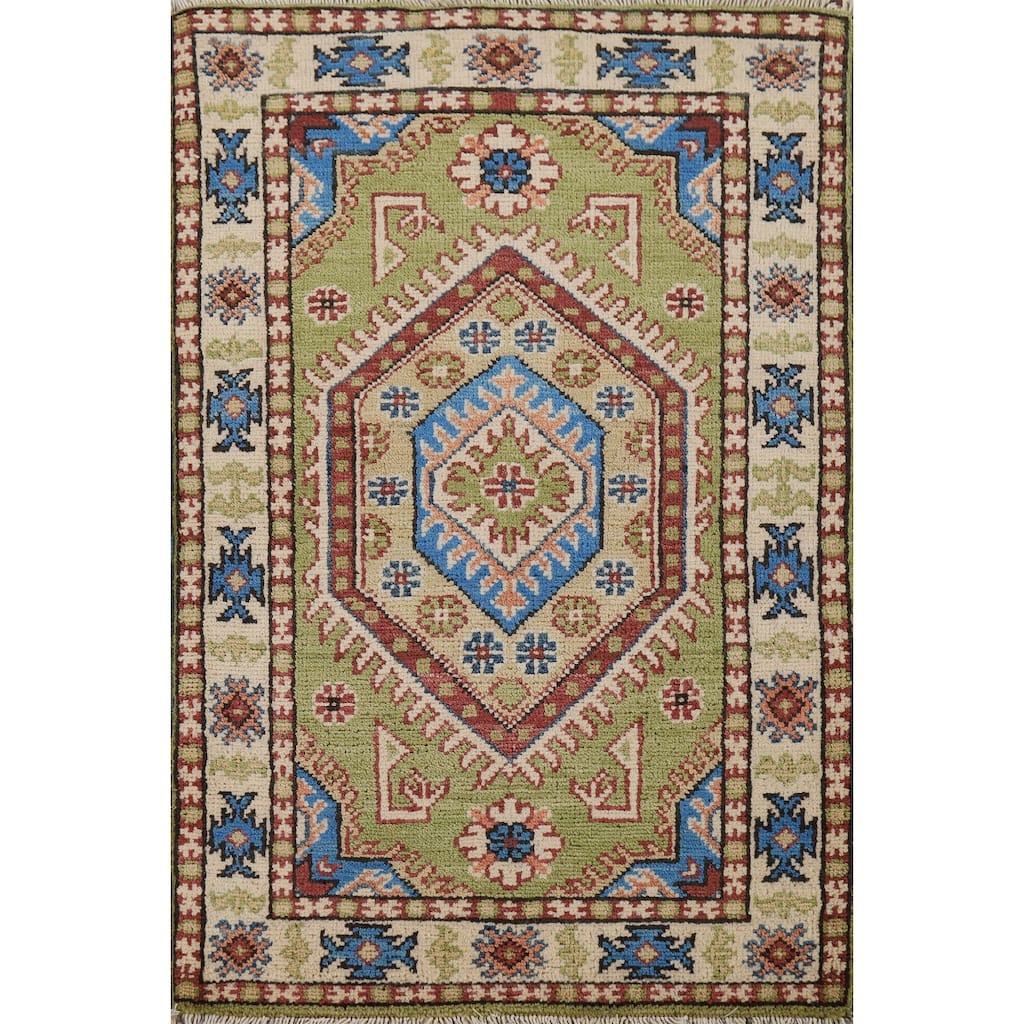 Hand Knotted Oriental 100% Wool Carpet Traditional Geometric Green Kazak Area Rug - 3' 1'' X 2' 0''