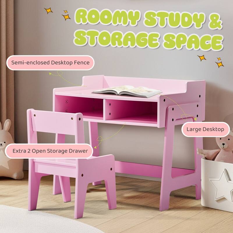 MDF Children's Study Desk And Chair Set With 2 Storage Compartments