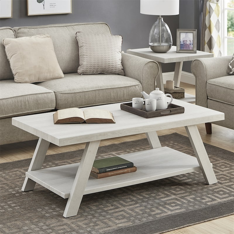 Contemporary Wood Coffee Table with Shelf - White