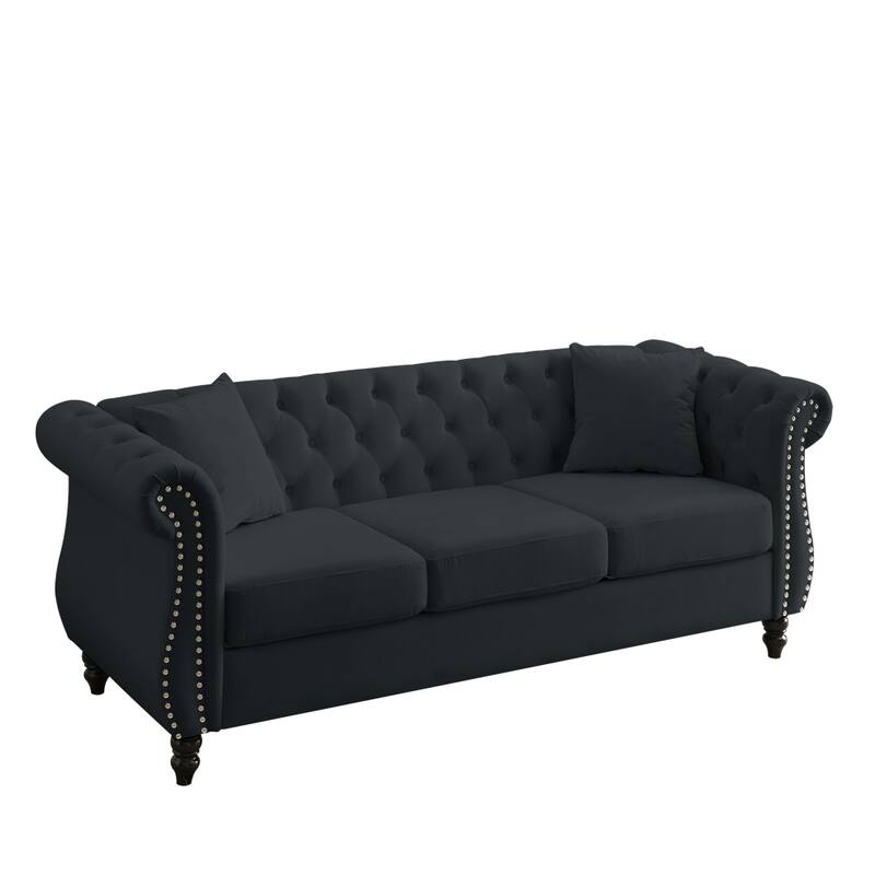 80" 3 Seater Velvet Sofa with Rolled Arms and Two Pillows