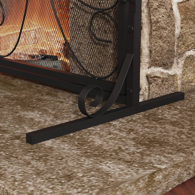 Classic Black Wrought Iron Fireplace Screen with Arched Double Doors, Decorative Mesh Fire Guard for Indoor Home Hearth Safety