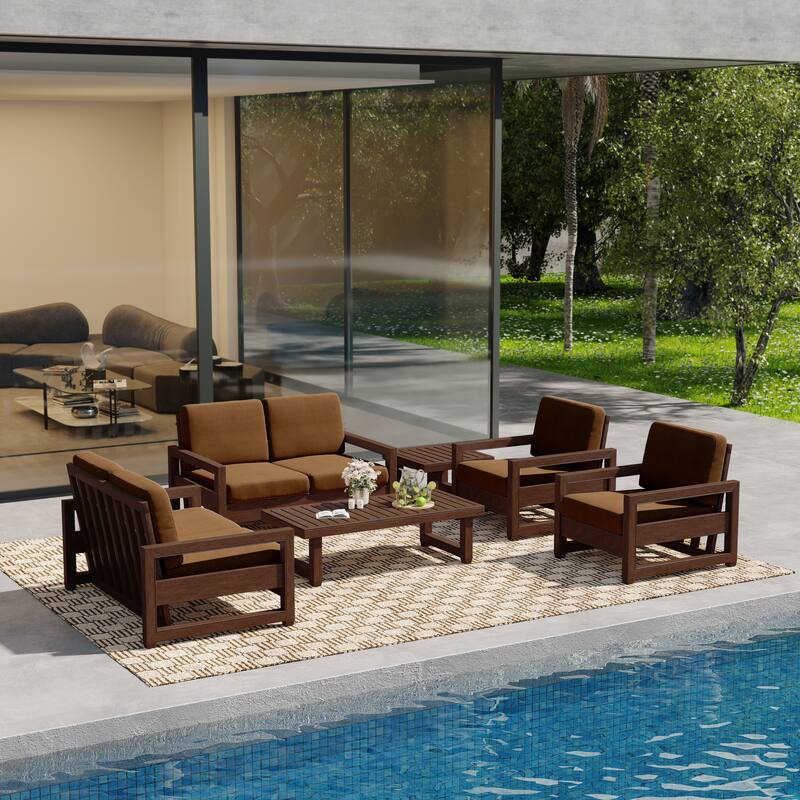 Oversize Teak Wood Loveseat Armchair Outdoor Patio Conversation Set with Cushion - Dark Wood - Light Brown