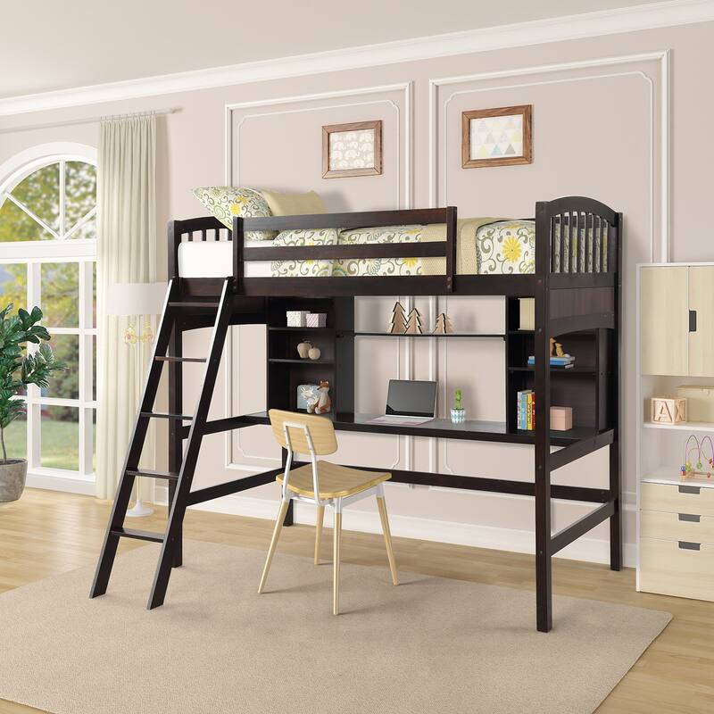 Twin Size Wood High Loft Bed Multi-Functional Study Bed w/Built-in Desk and Ladder, Solid Wood High Loftbed Bedframe w/Guardrail