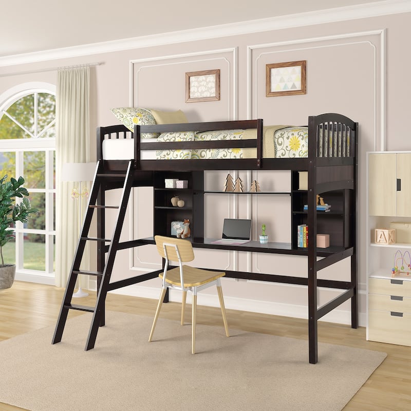 Twin Solid Pine Loft Bed with Desk, Shelves, and Ladder