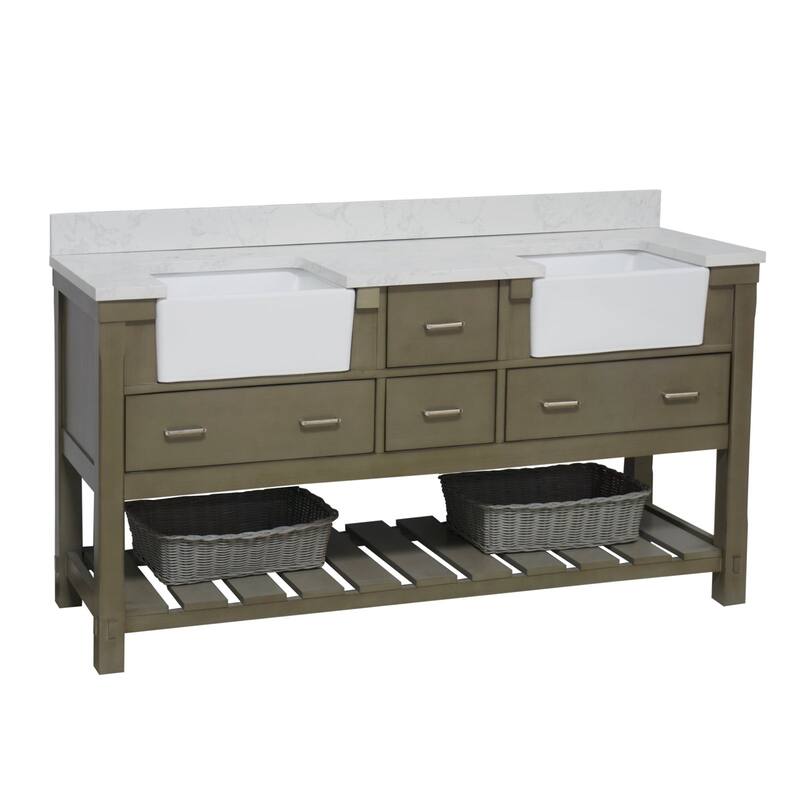 KitchenBathCollection Charlotte 72" Farmhouse Bathroom Vanity with Engineered Carrara Top - Weathered Gray