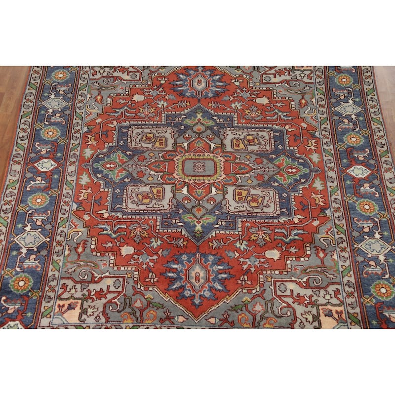 Geometric Heriz Serapi Indian Area Rug Hand-Knotted Orange Wool Carpet - 7'10" x 9'8"