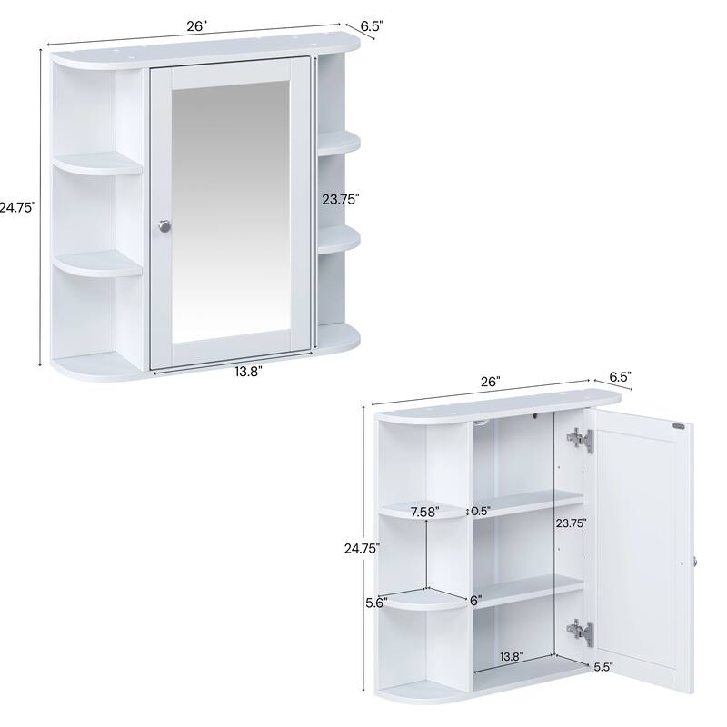 Bathroom Wall Storage Cabinet with Mirror, with Adjustable Wood Shelf & Doors, Mounted Storage Cabinets with 6 Open Shelves