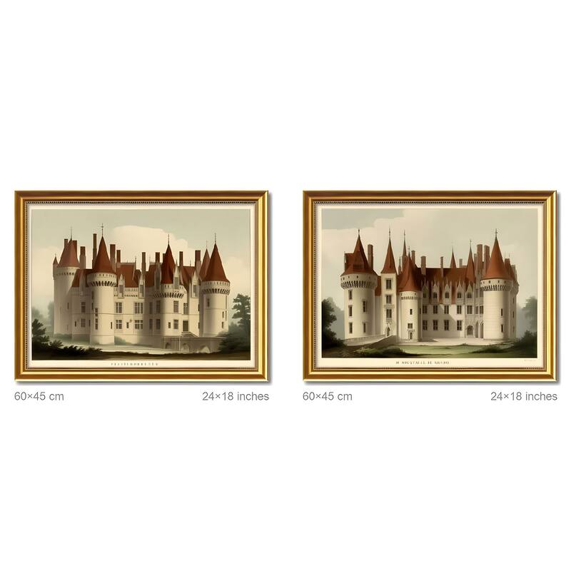 Set of 2 Vintage Castle Framed Wall Art - Replaceable Canvas Prints with Solid Wood Picture Frames, Antique Architecture