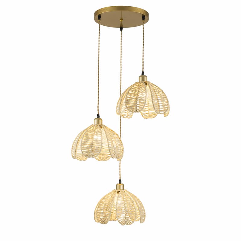 Cali 3-Light Rattan Hemp Cluster Pendant, Coastal Boho - Handwoven - 21" Wide