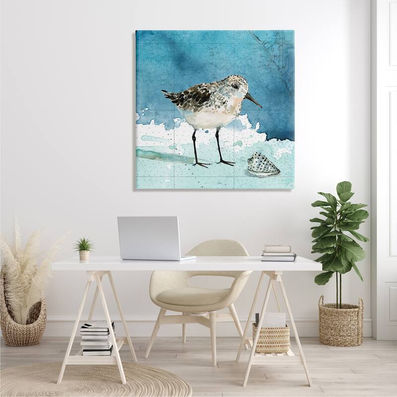 Stupell Sandpiper Bird and Shell Nautical Ocean Map Canvas Wall Art - Blue