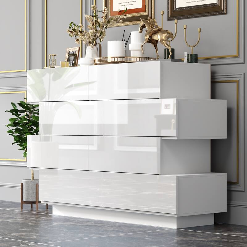 High Gloss White Eight-Drawer Dresser with Modern Design and Storage Chest - White