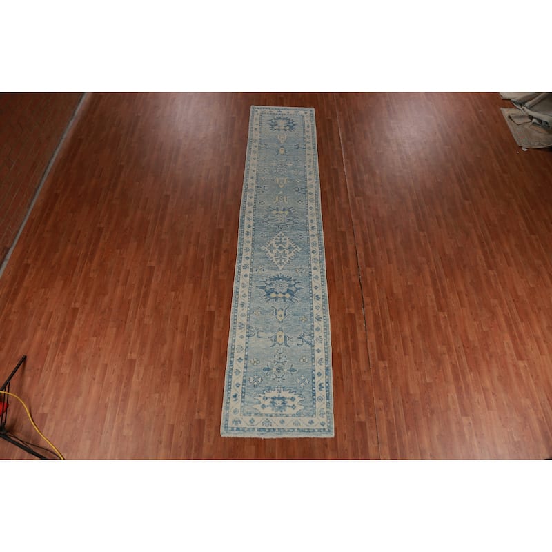 Hand Knotted Oriental 100% Wool Carpet Transitional Geometric Navy Blue & Blues Oushak Runner Rug - 14' 3'' X 2' 11''
